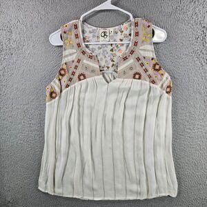 One September Anthropologie Embroidered Sleeveless Top Ivory Striped‎ Boho